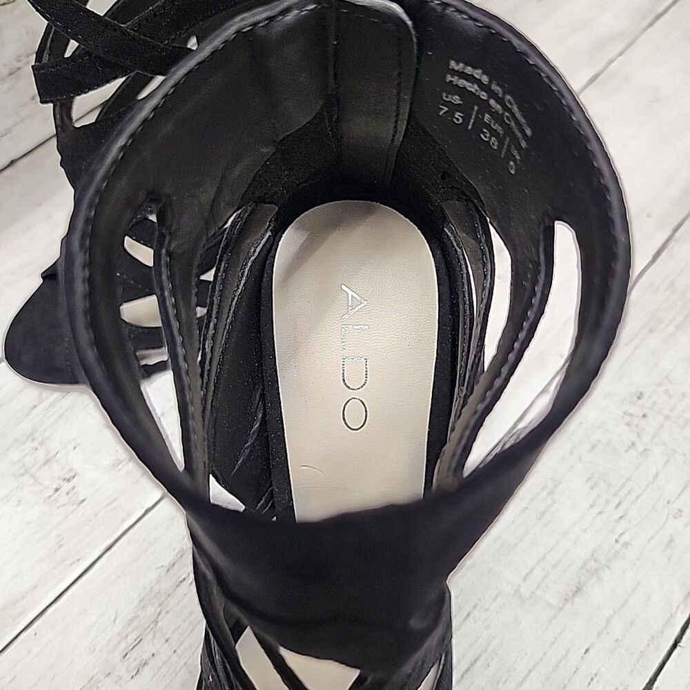 ALDO Black Strappy Sandal Faux Suede Stiletto High Heel Shoes Womens Size 7.5 - Picture 9 of 11